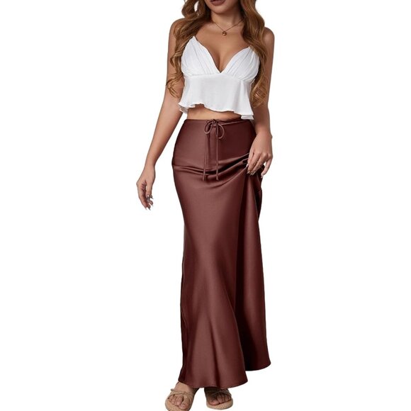 Dresses & Skirts - Women's Chocolate Silk Satin Drawstring A-Line Fall Elegant Cocktail Midi Skirt
